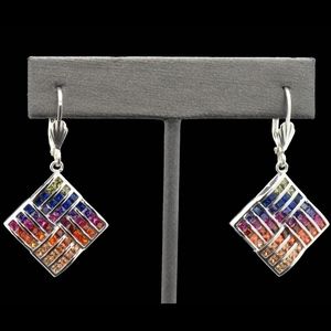 Silver Rainbow Sapphire Rhombus Dangle Earrings